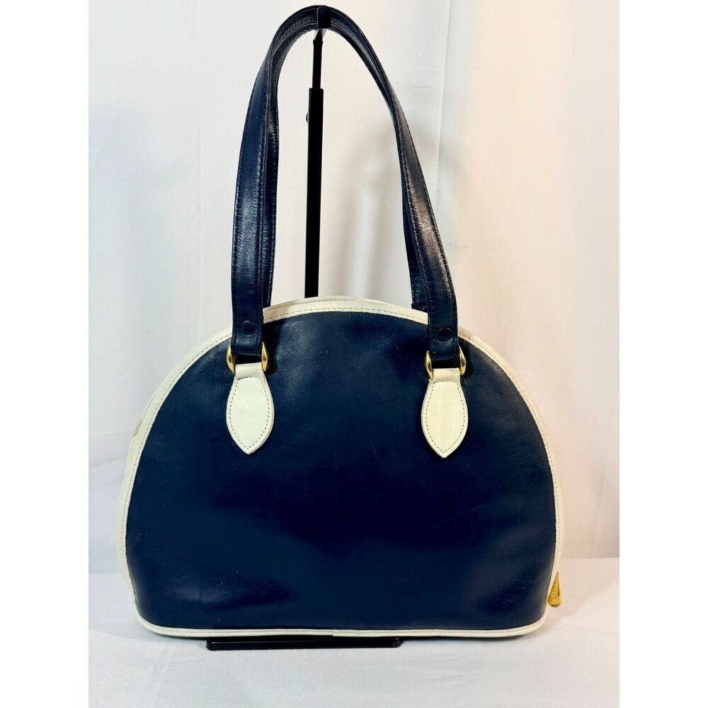 VTG Austin Designs Navy White Dome Bowler Handbag Leather Preppy Chic Nautical